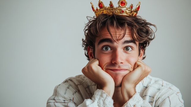 abstract funny portrait of young man sissy with crown on his head on light background