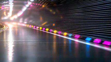 Illuminated tunnel with colorful lights and reflective floor surfaces