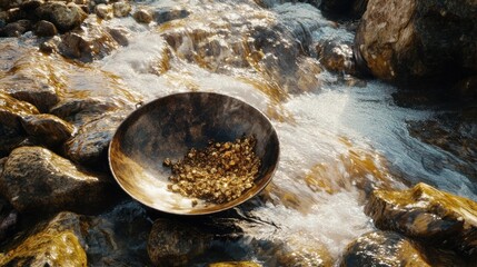 A pan full of gold nuggets resting in a rushing stream of water in nature