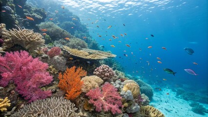 Fototapeta premium Beautiful underwater coral garden with various corals and tropical fish. Turquoise ocean with healthy reef ecosystem