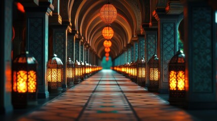 A spiritual Ramadan journey portrayed through an endless hallway of illuminated lanterns, deep ambiance