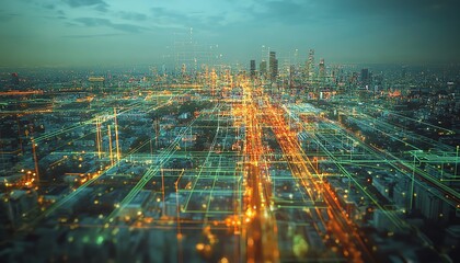 Aerial view of a bustling metropolis with AI segmentation, distinct neoncolored overlays for roads, skyscrapers, parks, and cars, ultradetailed, 8K, hightech urban mapping