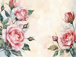 Illustration of a Watercolor Invitation with Pink Roses Leaves Flower Floral Elements