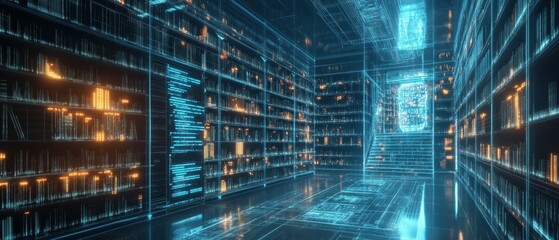 Fototapeta premium Futuristic Wireframe Library with Glowing Bookcases and Digital Displays