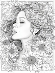 Illustration of a Woman with Flowing Hair and Water Flowers in an Elegant Bundle Surrounded by Nature