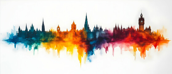 Colorful city skyline, watercolor art