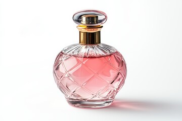 Elegant Glass Perfume Bottle with Pink Liquid and Gold Accents