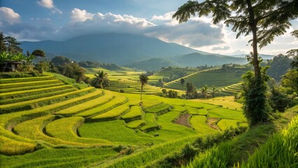Fototapeta premium Scenic vineyard landscape featuring lush green terraced fields climbing up hillsides with mountains in the background, ideal for agriculture, travel, and nature-themed projects