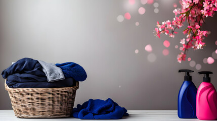 A basket of laundry and cleaning bottles with pink flowers