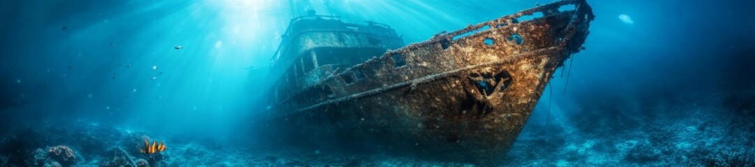 Naklejka premium A serene underwater scene with a rusted shipwreck surrounded by vibrant marine life. Generative AI