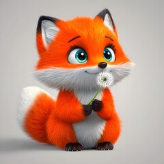 Naklejka premium Adorable Orange Cartoon Fox with Blue Eyes Holding Dandelion