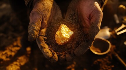 A pair of cupped hands hold a golden nugget of precious metal with visible ground