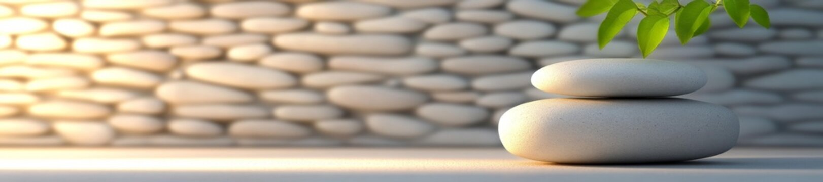 Zen-inspired stone arrangement with plant and stone wall background. Generative AI