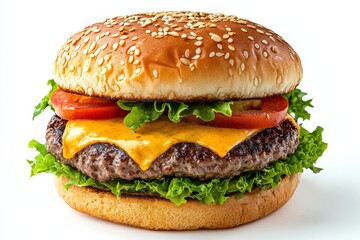 Delicious cheeseburger with fresh lettuce, tomato, and sesame seed bun