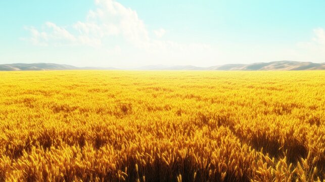 Golden wheat field under a bright blue sky with fluffy white clouds and distant hills