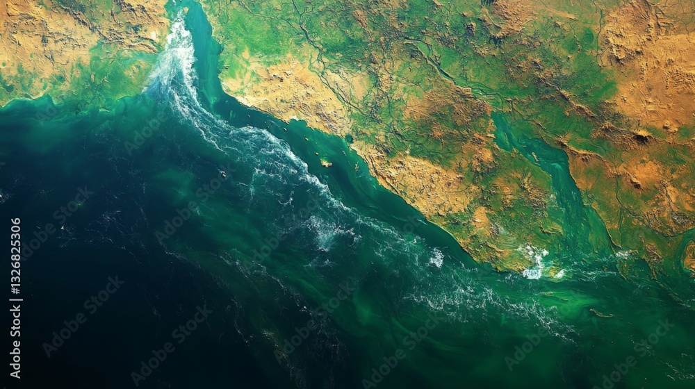 Poster vibrant coastal waters are captured from space, illustrating satellite monitoring and telemetry of m