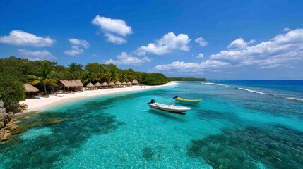 Obraz premium Tropical beach scene with crystal clear turquoise water, white sand, palm trees, and small boats. Bright sunny day with fluffy white clouds. 