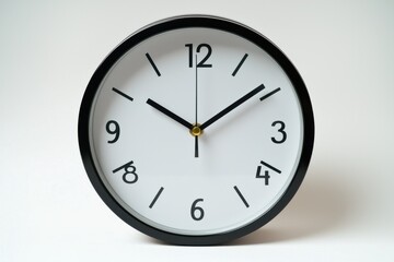 Close-up of a modern wall clock with a black frame and minimalist design, featuring easy-to-read numbers on a white dial, set against a bright background, enhancing focus.