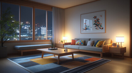  cozy japanese living room at night