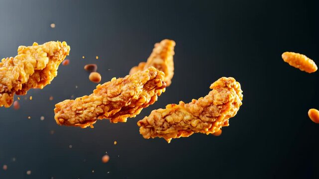Grilled chicken legs, drumsticks falling in the air, isolated on black background, food concept. Crispy fried chicken nuggets levitation. Roast chicken strips, pieces flying in the air. Dynamic scene