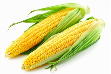 Two ears of corn with husks on white background. Neural network AI generated
