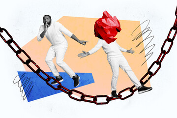 Composite photo collage of american man show shh gesture anonym guy crumpled paper chain trap...