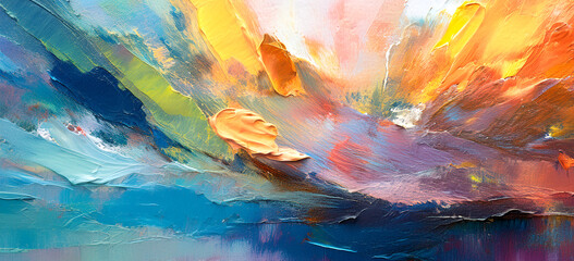 Abstract art of a colorful textured abstract oil painting multicolored brushstrokes on canvas