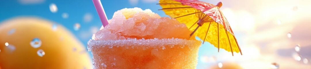 Fototapeta premium Frozen fruity slushy with ice and a little umbrella served in a glass on a sunny tropical day. Generative AI