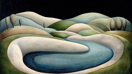 Nighttime Landscape Painting Serene River and Rolling Hills Under Starry Sky