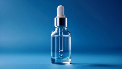 Naklejka premium Elegant transparent glass dropper bottle on blue background