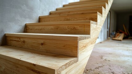 Detailed View of Wooden Staircase Under Construction with Measuring Tools