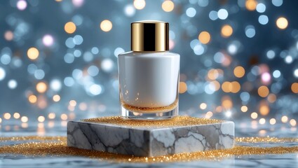 Elegant white cosmetic bottle on marble podium with bokeh lights