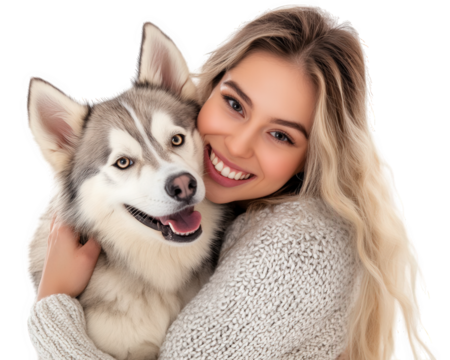 young woman joyfully hugging her fluffy husky, both smiling happily. bond between them radiates warmth and affection, showcasing beautiful moment of companionship
