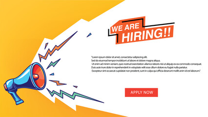 Obraz premium We are hiring. Megaphone speaker, Horn, Loudspeaker for announce. Attention please. Job vacancy information. Shouting, Recruitment advertisement with speech symbol. Vector Banner template design