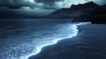 Mysterious shoreline with glowing water under a dark, stormy sky.