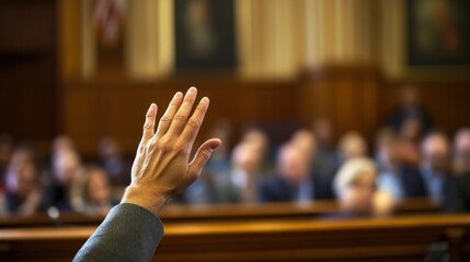 Raised hand in courtroom seeking attention, focus on the hand during an event
