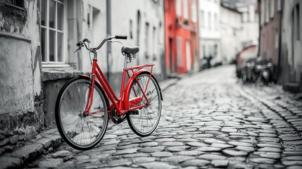 Naklejka premium Retro red bicycle by a cobblestone wall, black and white tones evoke timeless nostalgia. 