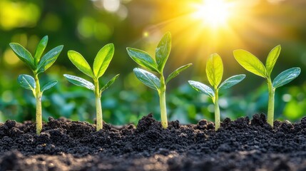 Row of young green plants growing steadily in rich soil representing business growth and development in nature?s cycle