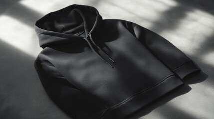 Black cotton hoodie mockup laying flat on the floor. 