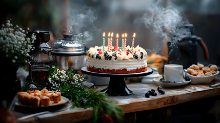 A beautifully decorated cake with lit candles on a table