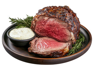 Succulent slow roasted prime rib served with creamy horseradish sauce, garnished with fresh herbs. perfect dish for meat lovers and special occasions