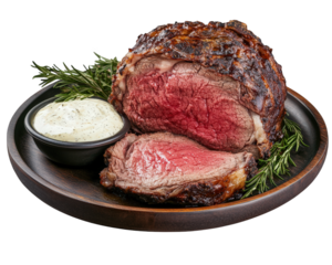 Succulent slow roasted prime rib served with creamy horseradish sauce, garnished with fresh herbs. perfect dish for meat lovers and special occasions