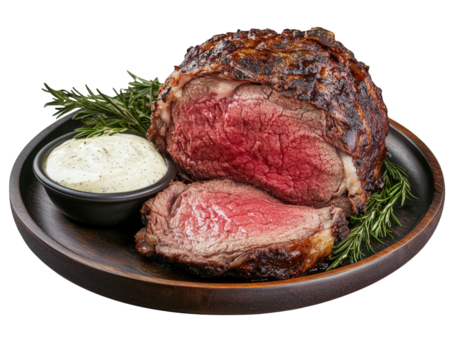 Succulent slow roasted prime rib served with creamy horseradish sauce, garnished with fresh herbs. perfect dish for meat lovers and special occasions