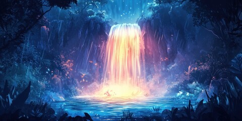 A glowing waterfall cascading into a serene pool of water nearby
