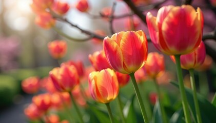 Obraz premium Colorful tulip flowers blooming in a tree's branches, blossoming, flowers