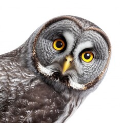 Obraz premium Close up portrait of a great grey owl against a white background. The owl's bright yellow eyes and detailed feathers are sharply in focus.