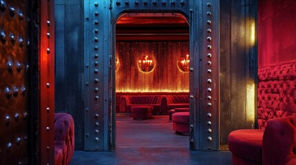 Intimate Lounge Interior with Red Velvet Seating and Dramatic Lighting Through Metallic Door