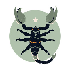 Vector illustration of Scorpio zodiac sign, featuring celestial icons, astrology symbols, and cosmic elements.