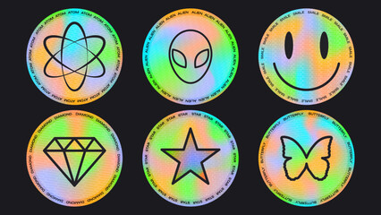 holographic stickers collection with atom, alien, smile, diamond, star and butterfly, hologram retro futuristic elements, y2k