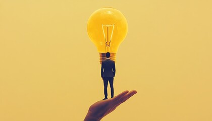 Businessman with megaphone standing on a large lightbulb over a hand, set against a beige background, symbolizing leadership and innovation in business
